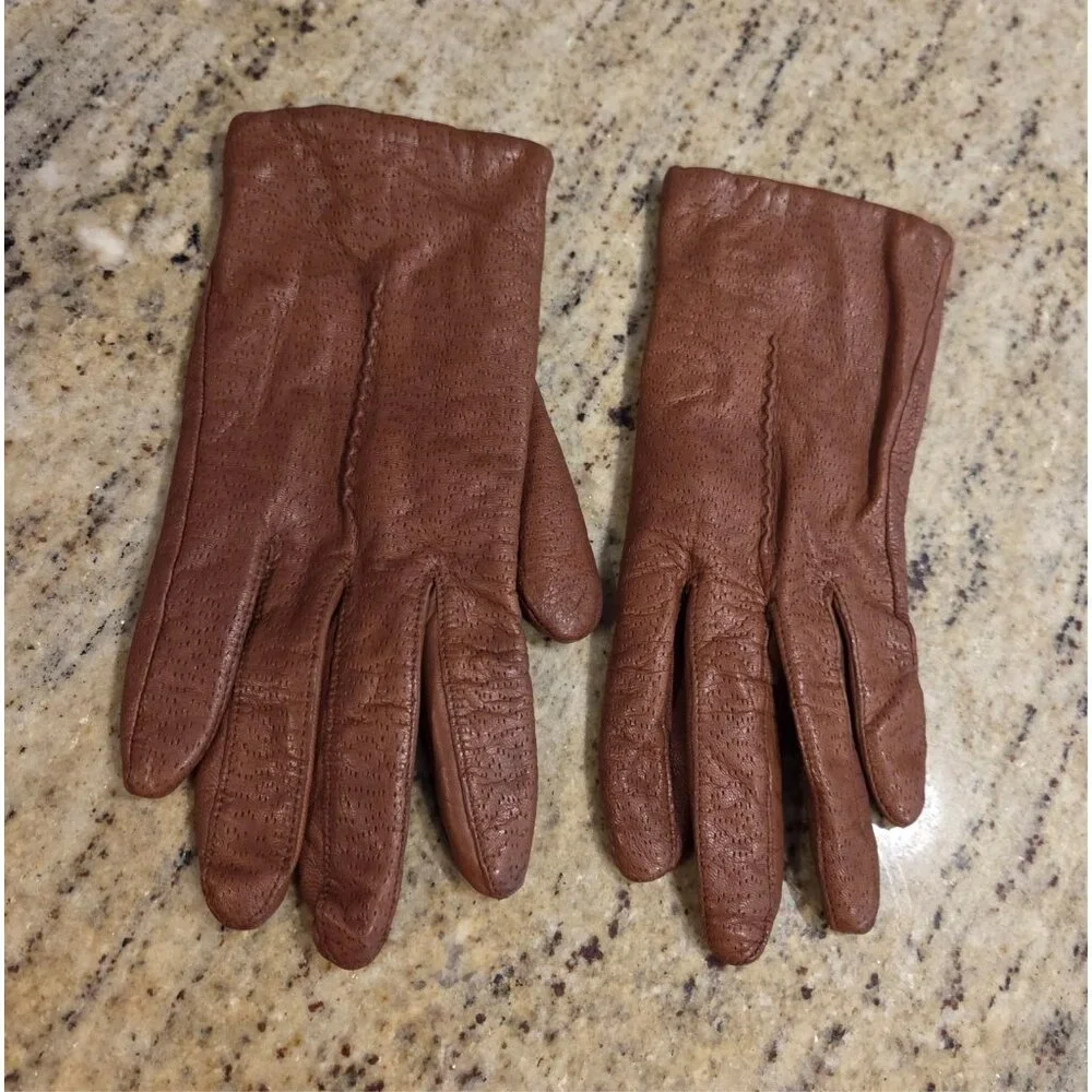 Vintage Womens Size L Brown Leather Knit Lined Gloves Perferated